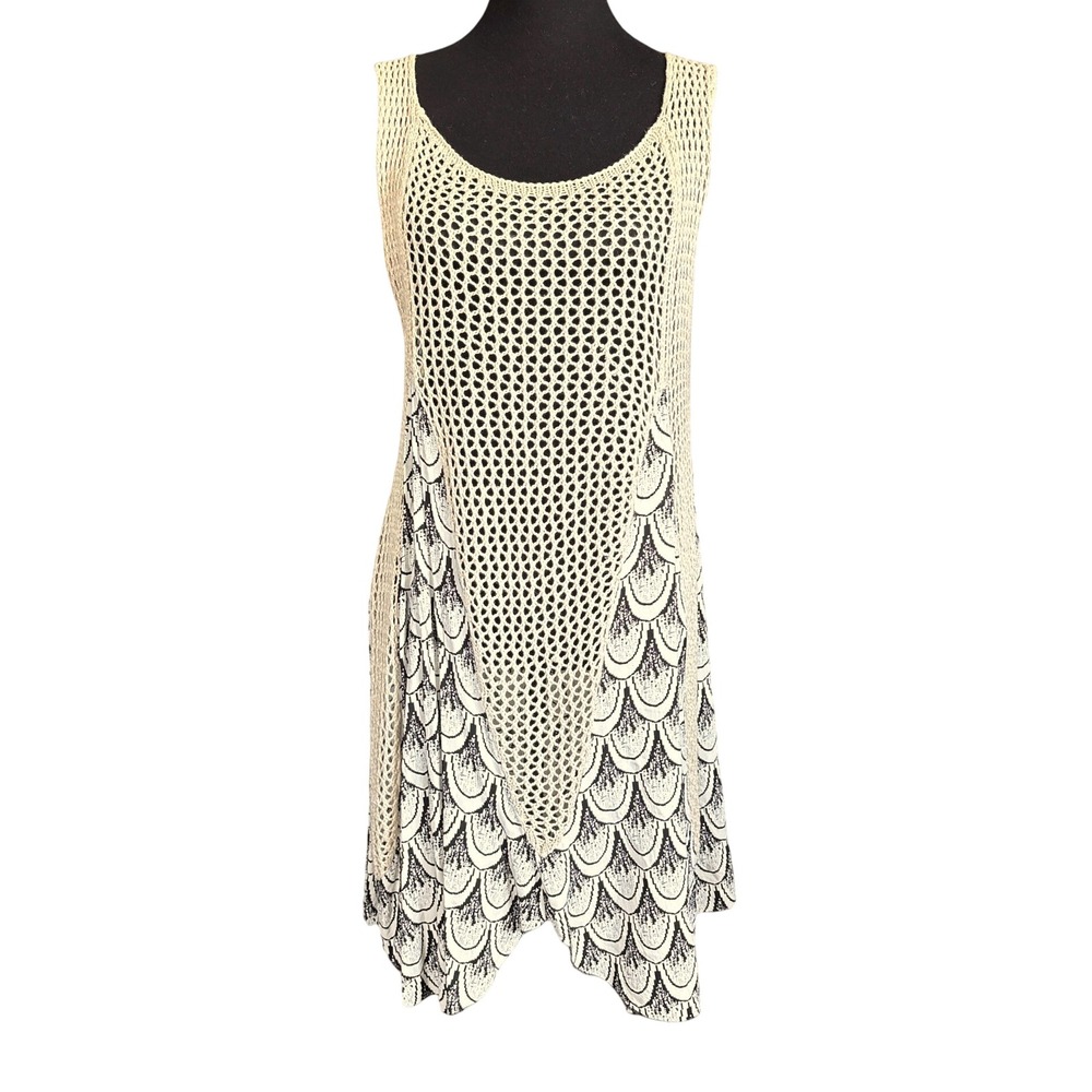 Jodifl White & Black With Ivory Crochet Bohemian Sleeveless Cover-Up Dress,Large